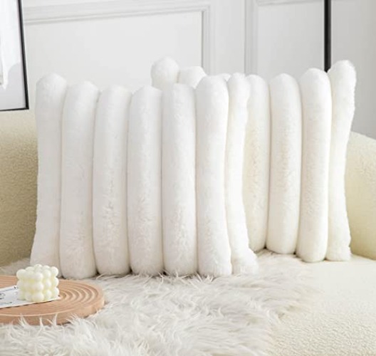 Neelvin Cream White Faux Fur Cozy Soft Striped Decorative Throw Pillow Covers 18x18 inch Set of 2,Velvet Pillowcase Cushion Case for Sofa Couch - Stripe Cream White - 18"x18"