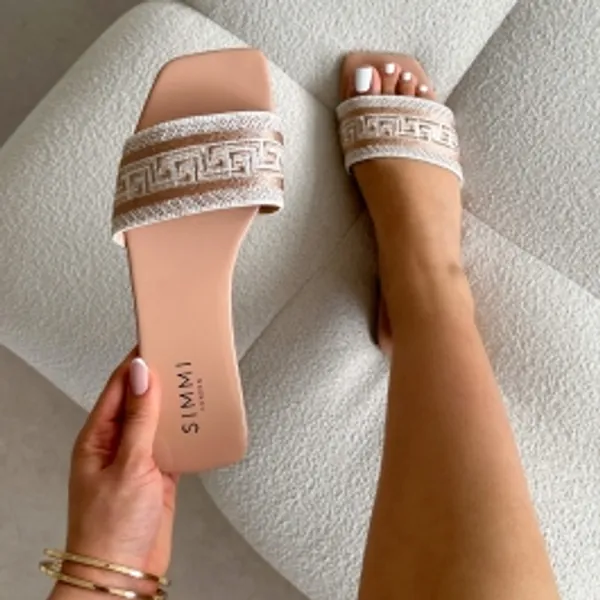Cali Nude Patent Embroidered Slide Sandals