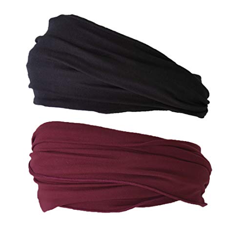 CHARM Mens Head Wraps Elastic Bandana - Japanese Headband Workout Women Hair Black & Maroon 2-Pack - Black & Maroon 2-Pack