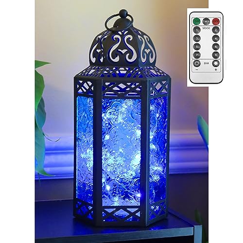 Vela Lanterns Black Metal Moroccan Decorative LED Fairy Lights Candle Lantern Holders for Home Decor, Patio, Weddings, Blue Glass, Large - Large - Blue - 1