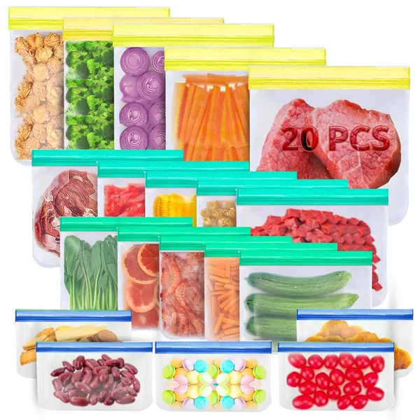 Reusable Ziplock Bags-20 PCS Food Storage Bag For Kitchen Storage & Organisation (5 leakproof Gallon bags,5 Large bags,5 Sandwich Bags + 5 Snack Bags) BPA Free PEVA Freezer Bags Food Bag Lunch Bags