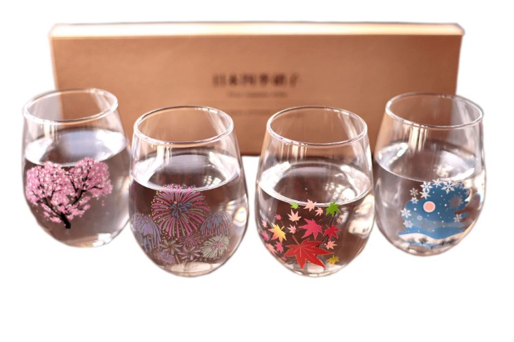 Marumo Takagi Japanese Four Seasons Color Changing Glass Cup Set, Magical Blooming Multi-purpose Glasses – Cherry Blossom, Fireworks, Autumn Leaves, Snowflakes .