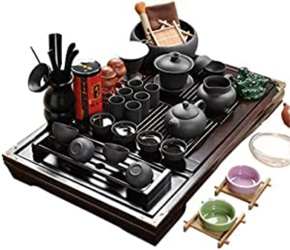 ufengkeWood Tea Tray Ceramic Kung Fu Tea Set Tea Service-Black