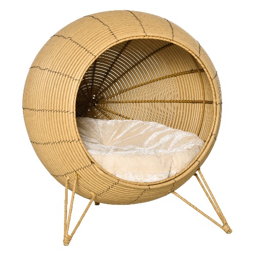 PawHut Wicker Cat Bed, Elevated Rattan Kitten Basket, Pet Den House, Cosy Cave, with Soft Cushion, Φ52 x 58 cm, Light Brown