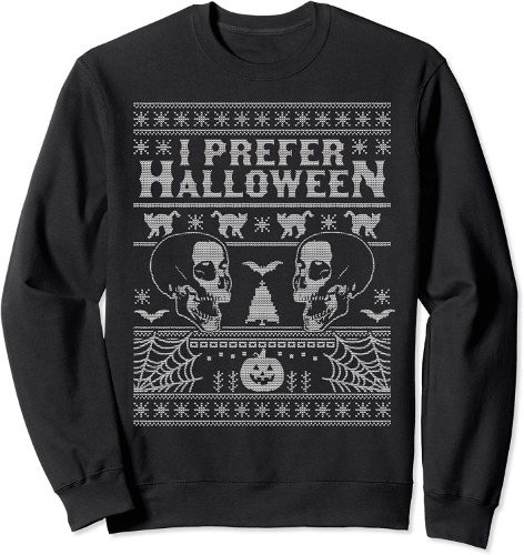 I Prefer Halloween Ugly Christmas Sweater Xmas Skull Bats Sweatshirt