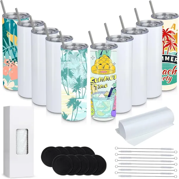 20 Oz Sublimation Tumblers 10 Pack Blank with Lids and Straws Stainless Steel