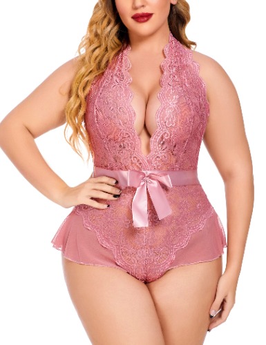 Avidlove Plus Size Lingerie for Women Deep V Neck Teddy Lingerie Halter Lace Bodysuit Babydoll