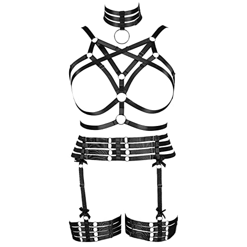 Plus Size Body Harness for Women Gothic Pentagram Full Cage Hollow Out 2 Piece Strappy Bra Garter Belts Set Punk Clothing - Black Dmo95+dmp37