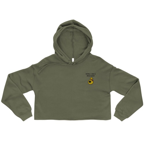 I Am a Rich Man | Embroidered Crop Hoodie | Animal Crossing - Military Green / M