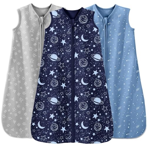 Unnivoll Baby Sleep Sack 6-12 Months 3 Pack 100% Cotton Lightweight 0.5 TOG Wearable Blanket Baby Sleep Bag with 2-Way Zipper for Newborn Infant Blue - Blue - Medium