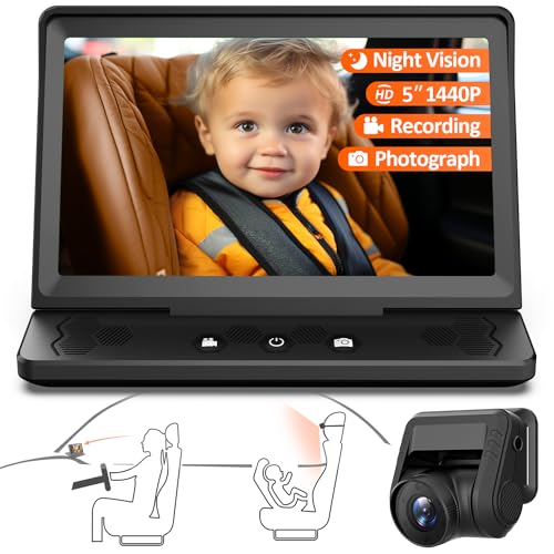 ZGZUXO 7” Baby Car Camera HD 1440P Recording, 5” Screen Baby Car Monitor with Full-Color Night Vision Camera, Infant Safety Baby Car Mirror Rear Facing for Backseat, Wide Clear View, Easy Installation - black