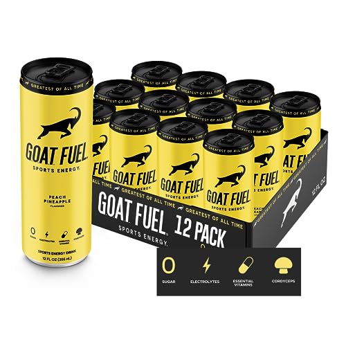 New G.O.A.T. Fuel® Energy Drink - Sugar-Free Pre-Workout Energy- Increase Mental and Physical Performance - With Cordyceps Mushrooms, BCAAs and Electrolytes (Pack of 12) (Peach Pineapple) - Peach Pineapple - 12 Fl Oz (Pack of 12)