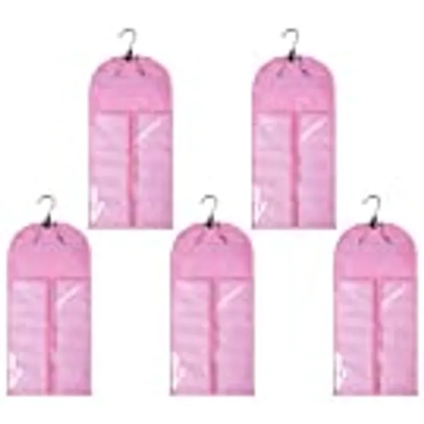 5 Pieces Wig Storage Bag with Wooden Hangers for Professional Hair Extensions Holder Wigs Pouch Dust-Proof Organizer Case (5pcs Pink Wig Bags+5pcs Pink Hangers)
