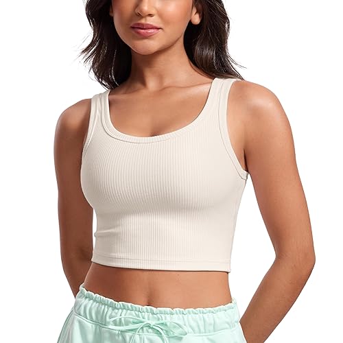 CRZ YOGA Womens Ribbed Longline Sports Bra - U Neck Padded Yoga Bra Workout Crop Tank Top with Built in Bra - X-Small - White Apricot