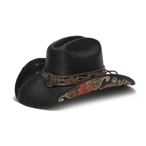 Stampede Hats - Black Cowboy Hat with Red Hibiscus Flower and Rhinestones | Black / MD