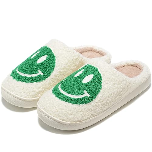 Retro Fuzzy Face Slippers for Women Men, Retro Soft Fluffy Warm Home Non-Slip Couple Style Casual Smile Face Slippers Indoor Outdoor Anti-Skid Warm Cozy Foam Slide Fuzzy Slides with Soft Memory Foam Shoes - 5.5-6.5 Women/5-6 Men - Green