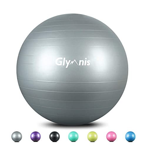 Glymnis Palla Fitness Palla da Ginnastica 55cm/65cm/75cm Palla Pilates Anti-Scoppio Carico Massimo di 300kg, Palla Yoga Anitiscivolo con Pompa Rapida per Pilates Allenamento Yoga e Fitness - 68~75cm - Argento