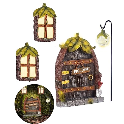Jauay Miniature Fairy Garden Accessories Fairy Door and Windows for Trees, Glow in The Dark Yard Garden Sculpture Lawn Ornament Mini Garden Art Outdoor Decor Accessories with Lantern - Fairy Door B