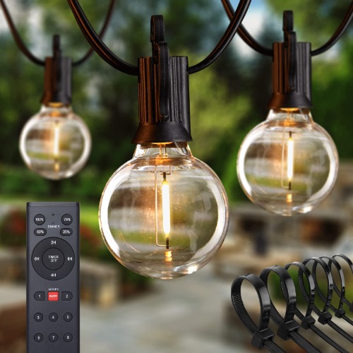 Outdoor Led String Lights with Remote 58Ft(48+10) Patio Lights with 27 Shatterproof Bulbs(2 Spare) and Hooks, Waterproof Cafe Lights Bistro Garden - 58FT with Remote & Zip Tie & Hooks
