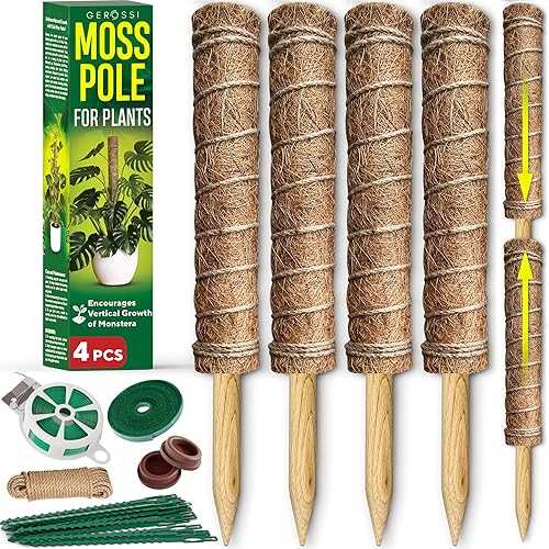 Premium Moss Pole for Plants - Strong & Durable 4-Pack Plant Support Stakes - 16.5" Extendable Poles for Monstera & Climbing Plants - 100% Natural Garden Sticks - Complete Kit w/Ties, Velcro & Rope