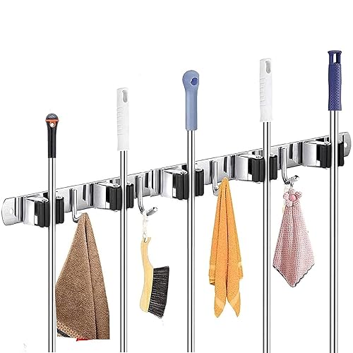 Stainless Steel Wall-Mounted Mop Holder with Self-Adhesive Backing