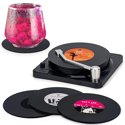 Retro Vinyl Record Coasters with Player, Set of 6