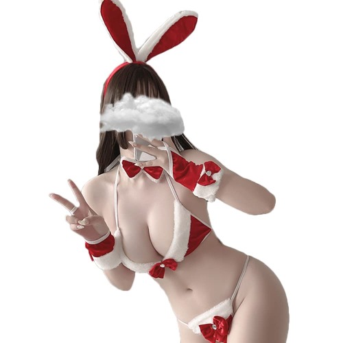 Kawaii Lingerie Sexy Bunny Cosplay Costume Christmas Anime Micro Bikini Santa Outfit Velvet Bra and Panty Set - Red X-Small - Medium