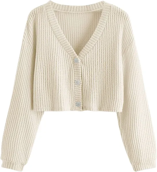 Romwe Women's Plus Size Waffle Knit Long Sleeve Button Down V Neck Crop Tops T Shirt