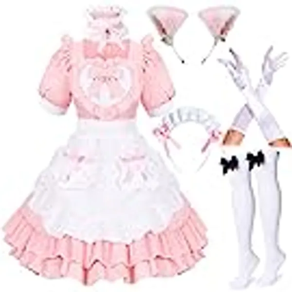 Elibelle Japanese Anime Classic Sissy Maid Sweet Kawaii Heart Costume Dress Cosplay Furry Cat Ear Gloves Socks set