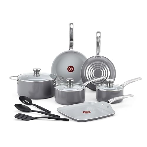 T-fal Fresh Gourmet Recycled Ceramic Non Stick Cookware Set 12 Piece, Oven Broiler Safe 500F, Lid Safe 350F, Kitchen Cooking Set W/ Fry Pans, Saucepans, Dutch Oven, Utensils, Pots and Pans Set, Grey - 12-Piece - Ceramic Nonstick