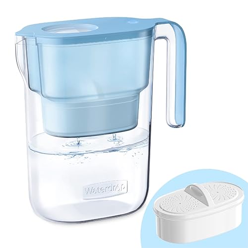 Waterdrop Water Filter Pitcher with 1 Filter, 5X Times Lifetime, Lasts 200 Gallons, for Fridge, Countertop and Gift, Reduces PFOA/PFOS, Chlorine, 7-Cup Capacity, Elfin, Blue - Azure - Smart Indicator
