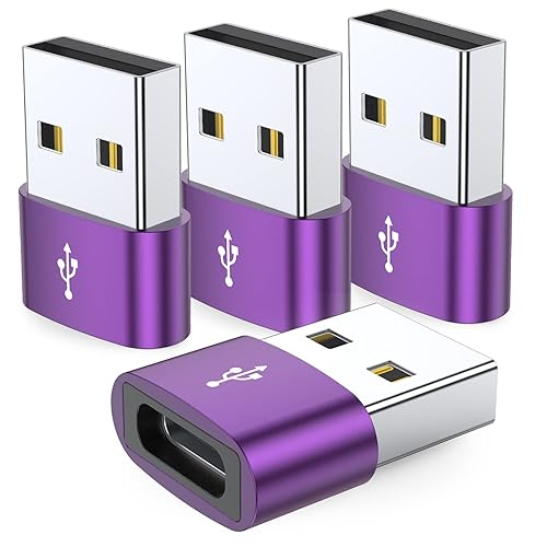 JXMOX USB to USB C Adapter 4-Pack,USB C Female to A Male Charger Type C Converter for Apple Watch Ultra iWatch 7 8 SE,iPhone 16 15 14 13 12 11 Plus Pro Max,AirPods,iPad Air,Samsung Galaxy S23 S22 S21 - Purple