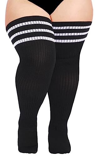 Moon Wood Plus Size Thigh High Socks for Thick Thighs- Womens Knit Cotton Extra Long Over the Knee High Socks Leg Warmer - One Size Plus - Black & White