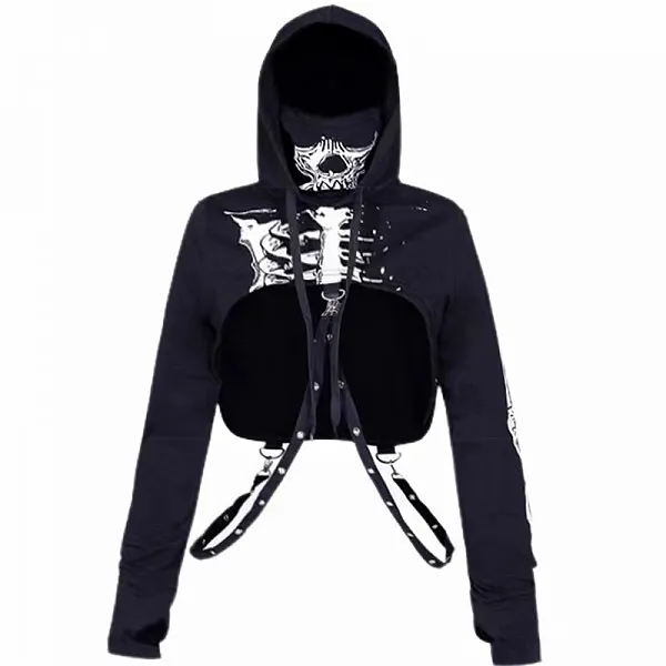 [$28.00]Punk Skeleton Long Sleeves Hooded Cropped Top