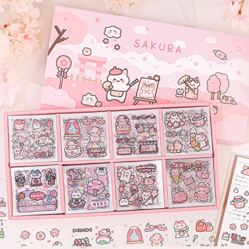 Doraking Waterproof Vinyl Transparent Flower Stickers, Kawaii Stickers for Notebook Laptop Scrapbook Journaling, 200 Sheets Pink Cartoon Cute Stickers Boxed Gifts for Kids Teens Girls Boys - Pink