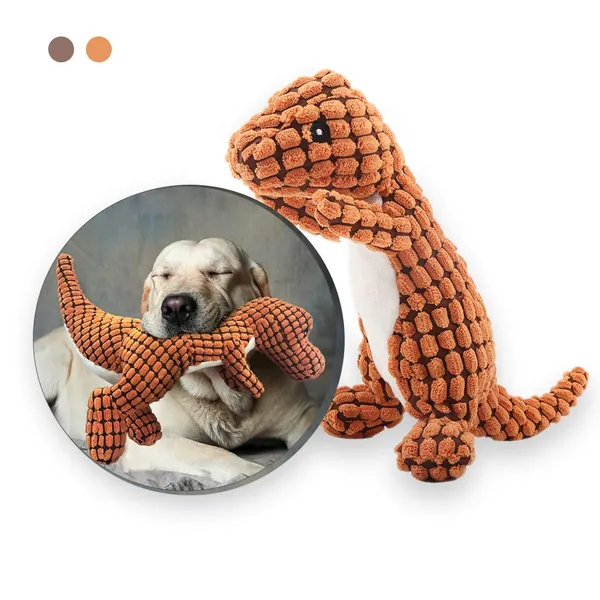 Andiker Stuffed Dog Toy Plush Dog Toy Corduroy Durable Interactive Toy Includes Plastic Noise-Making Squeaker Dinosaur Shape Plush Toy - Orange