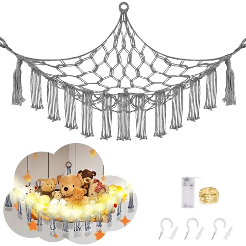 CERETIA Stuffed Animal Hammock with LED Light, Toy Hammock for Stuffed Animals Storage for Kids Room Decor, Stuffed Animal Hammock Corner, Grey - Large-(Package of 1) - Grey