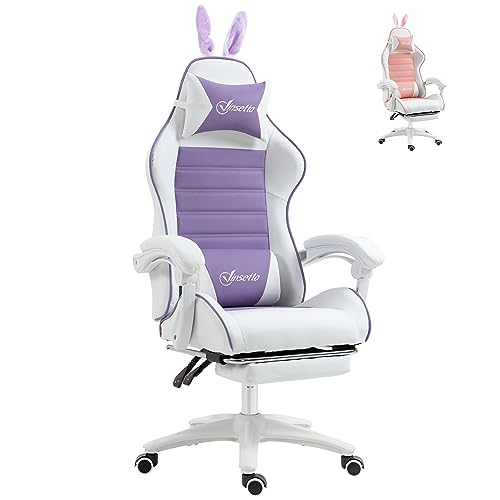 Vinsetto Racing Gaming Chair, Reclining PU Leather Computer Chair with Removable Rabbit Ears, Footrest, Headrest and Lumber Support, Purple - Purple