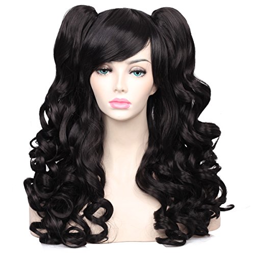ColorGround Long Curly Cosplay Wig with 2 Ponytails(Black) - Black