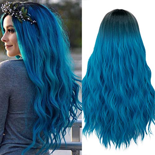 Mildiso Blue Wigs for Women 26" Long Ombre Blue Wig with Wig Cap Curly Wavy Blue Mermaid Wig Natural Cute Soft Wigs for Daily Party M052B - Ombre Blue