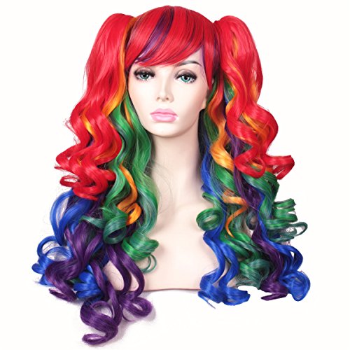 ColorGround Long Curly Cosplay Wig with 2 Ponytails(Rainbow Color) - Rainbow Color