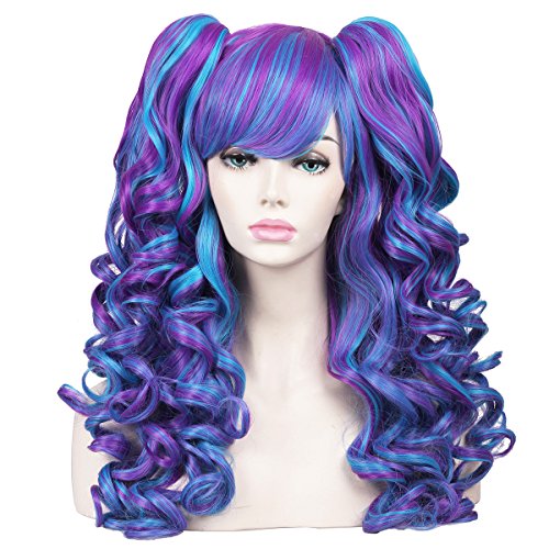 ColorGround Long Curly Cosplay Wig with 2 Ponytails(Blue/Purple) - Blue/Purple