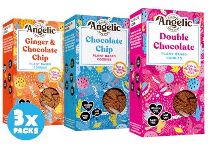 Angelic Free From 3 Mixed Box Vegan & Gluten Free Cookies. 3 Boxes Of Dairy, Nuts, Soya, Egg, Peanut Free Biscuits. Allergy Safe Snacks. (1x Chocolate Chip, 1x Double Chocolate, 1x Ginger & Chocolate)