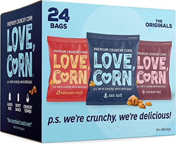 LOVE CORN Variety Pack (8x Sea Salt, 8x BBQ, 8x Salt & Vinegar 20g) – Healthy Snacks Ideal for Gluten Free & Vegan Diets – Low Sugar Alternative for Crisps, Mixed Nuts & Pretzels – Perfect To Graze On