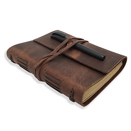 Leather Journal Writing Notebook - Genuine Leather Bound Daily Notepad for Men & Women Lined Paper 240 Kraft Pages, Handmade, Rustic Brown, 13x18cm - 5"x7"