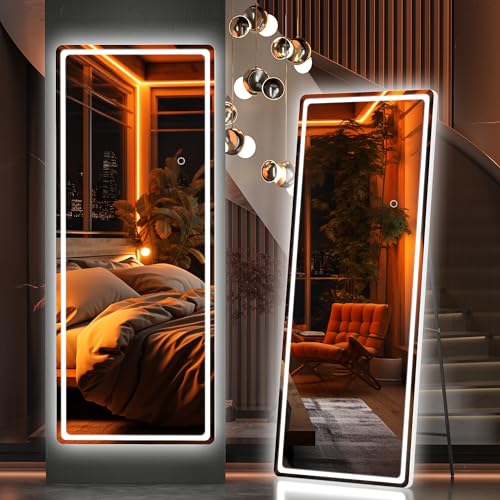 Hasipu Full Length Mirror with Lights, 56" x 20" Lighted Floor Standing LED Mirror Full Length, Full Body Mirror w/Dimming & 3 Color Lighting White - Round White Led - 56" x 20"
