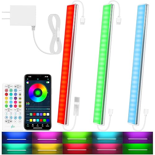 Benreom 3 Pcs RGB Under Cabinet Lights Kit, Smart App and Remote Control Under Cabinet Lighting, Dimmible Under Counter Lights for Kitchen, Plug in LED Lights for Cabinet, Counter, Workbench, Desk - Multicolor - 3 Pack