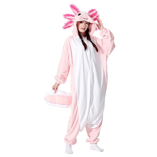Supodon Adult Onesie Axolotl Costume Pajamas Unisex Cosplay Animal Sleepwear Halloween Jumpsuit Gifts for Men Women - Medium - Pink