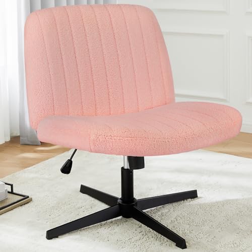 DUMOS Cross Legged Armless Wide Wheels, Modern Home Office Desk Swivel Adjustable Teddy Fabric Vanity Chair, Pink - Without Wheels - Pink