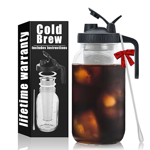 Cold Brew Mason Coffee Maker - 64oz Iced Coffee Pitcher with Stainless Steel Mixing Spoon & Super Dense Filter 3 Steps Finish Cold Brew Coffee, Classic BPA Free Sturdy Mason jar Pitcher Easy to Clean - 64 Ounces - Black